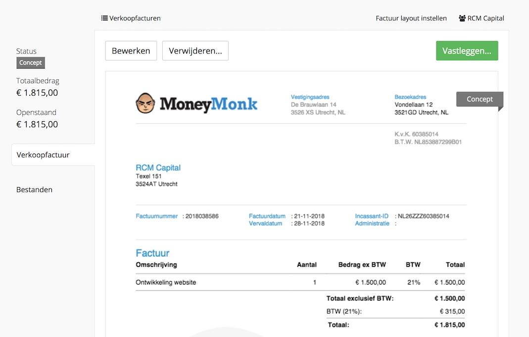 Screenshot van het maken van een verkoopfactuur in MoneyMonk